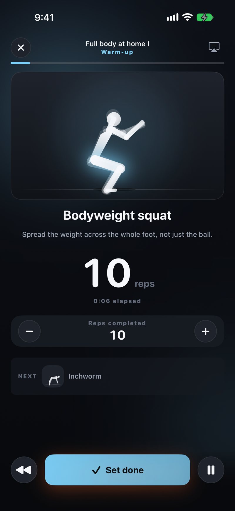 Mid-workout, with the animated figure and the rep counter