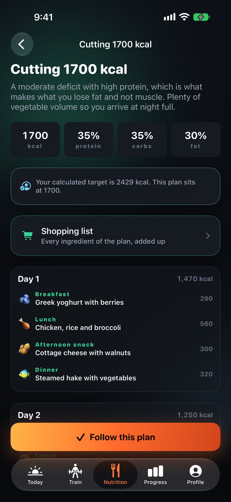 Meal plans matched to your calculated target