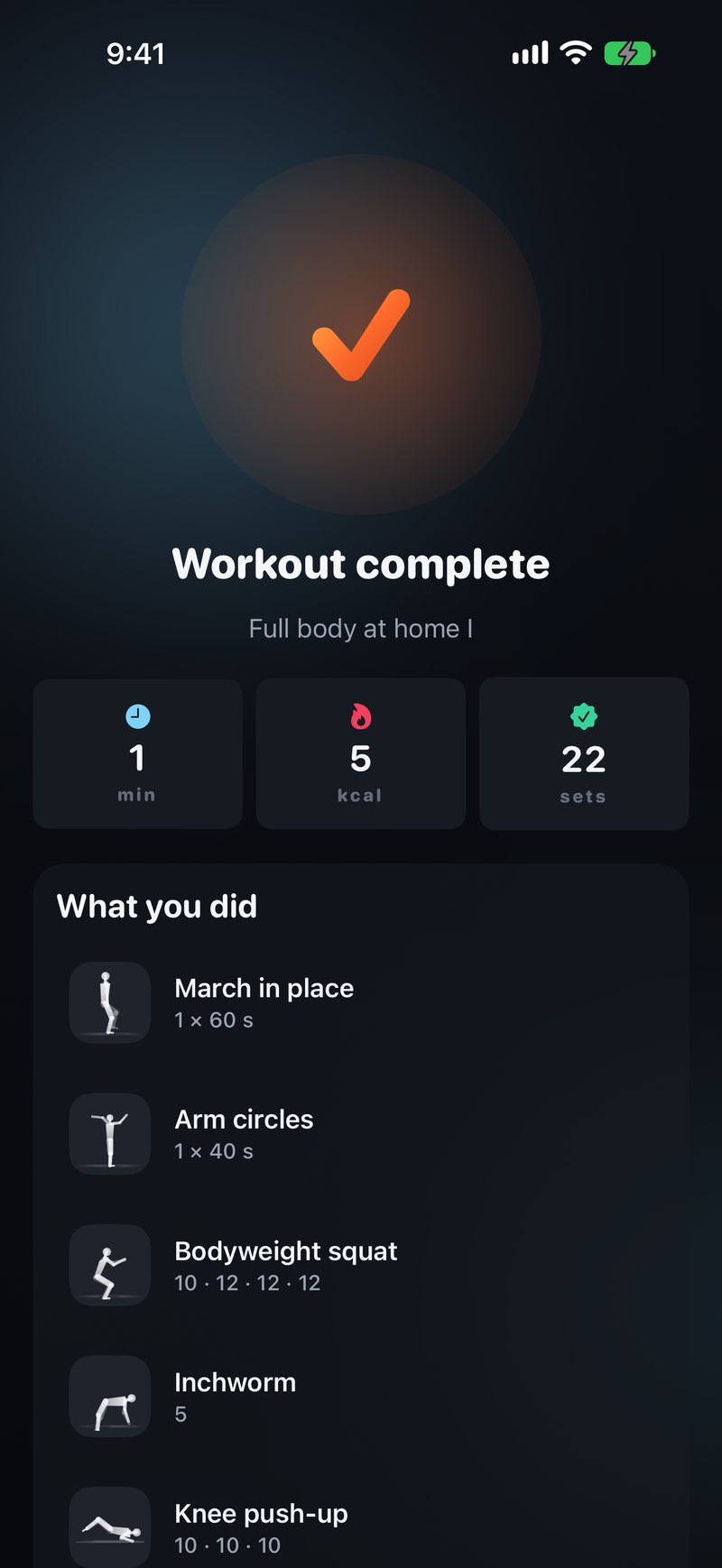 Workout complete: time, calories and every set