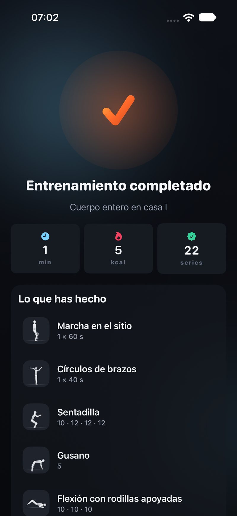 Entrenamiento completo: tiempo, calorías y cada serie