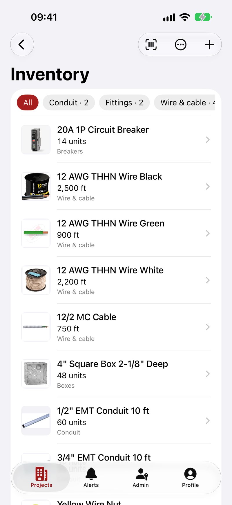 Inventory with a photo of every material
