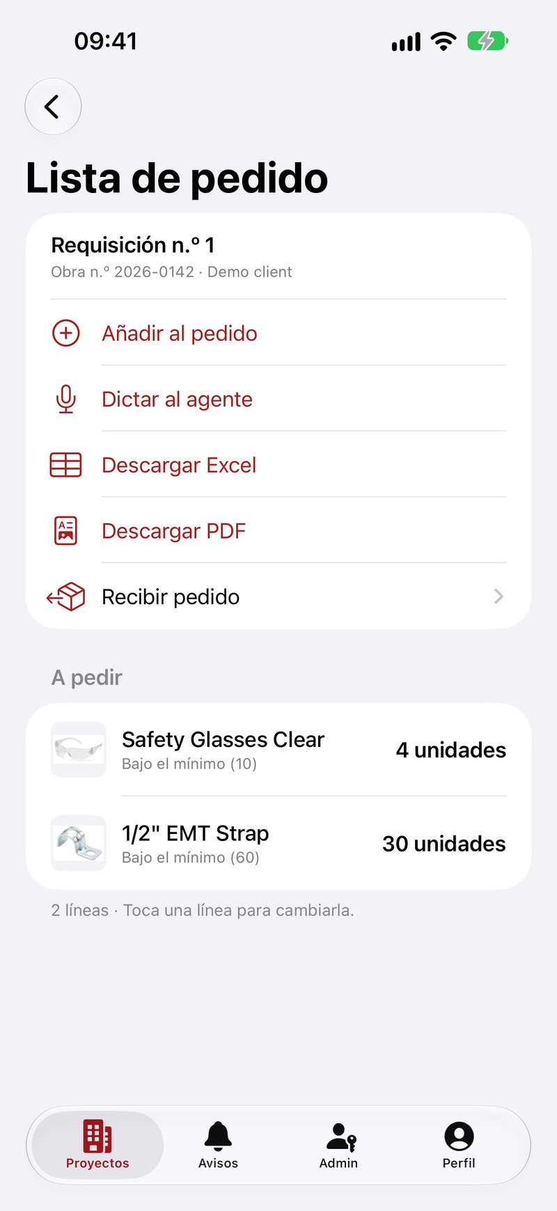 La lista de pedido, lista para Excel o PDF