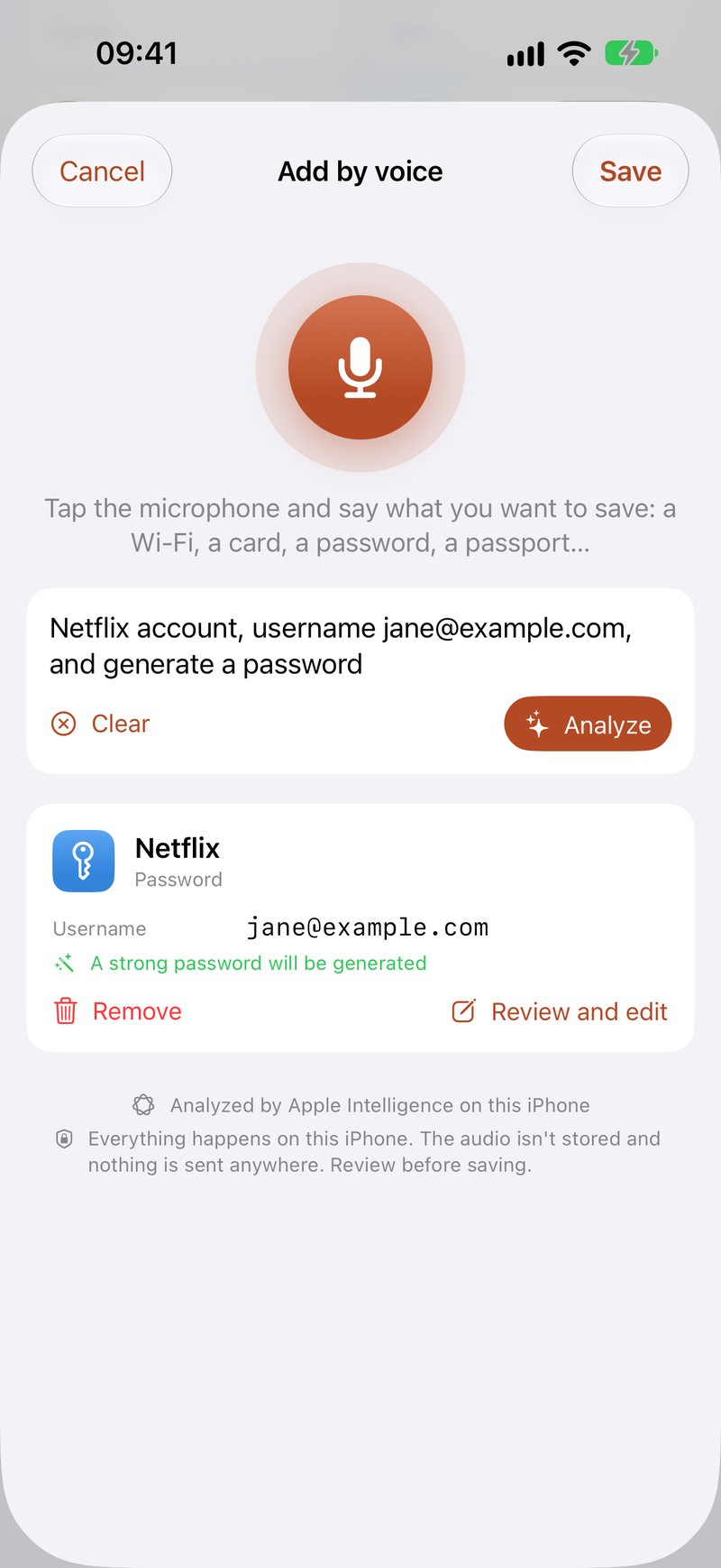 Add an item by voice, analysed on the device