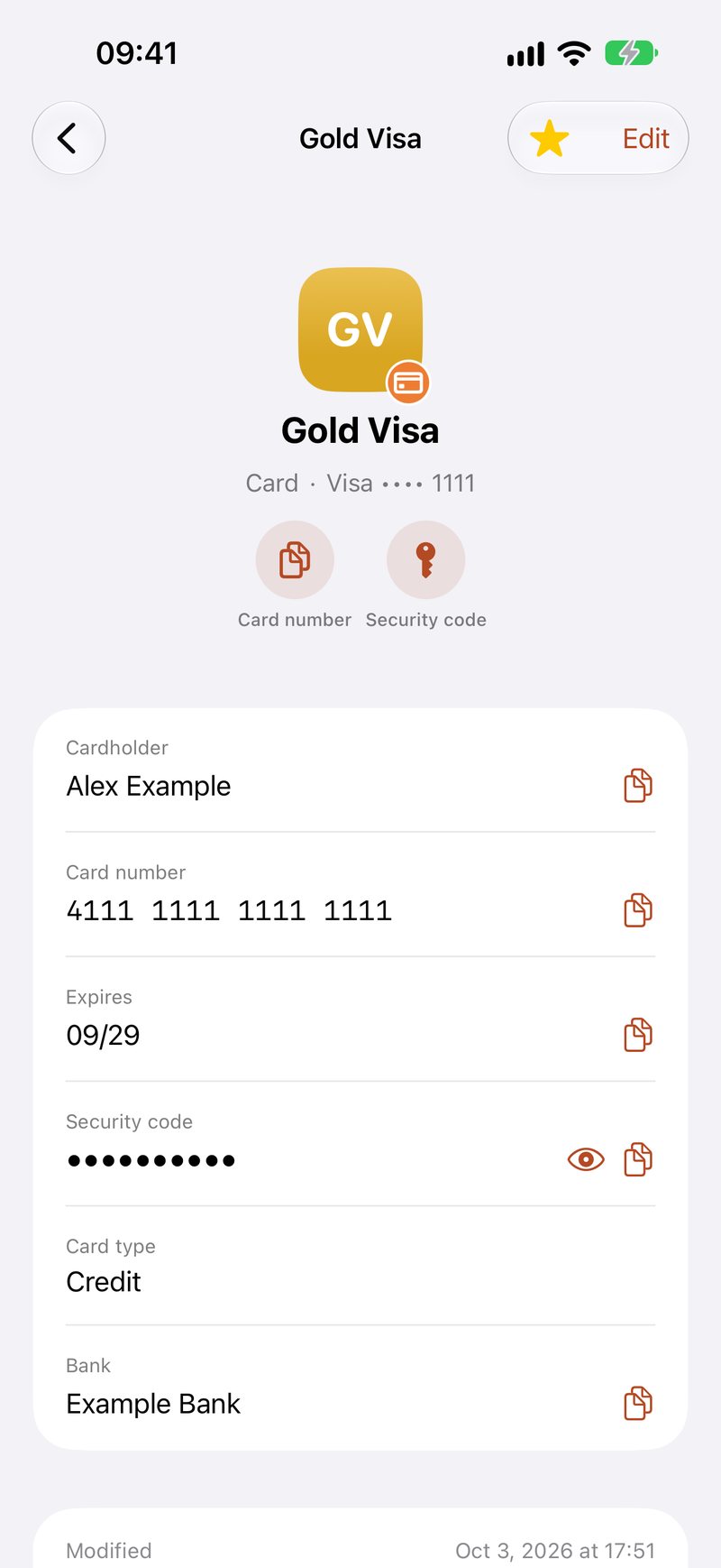 Cards, with every field one tap from copying