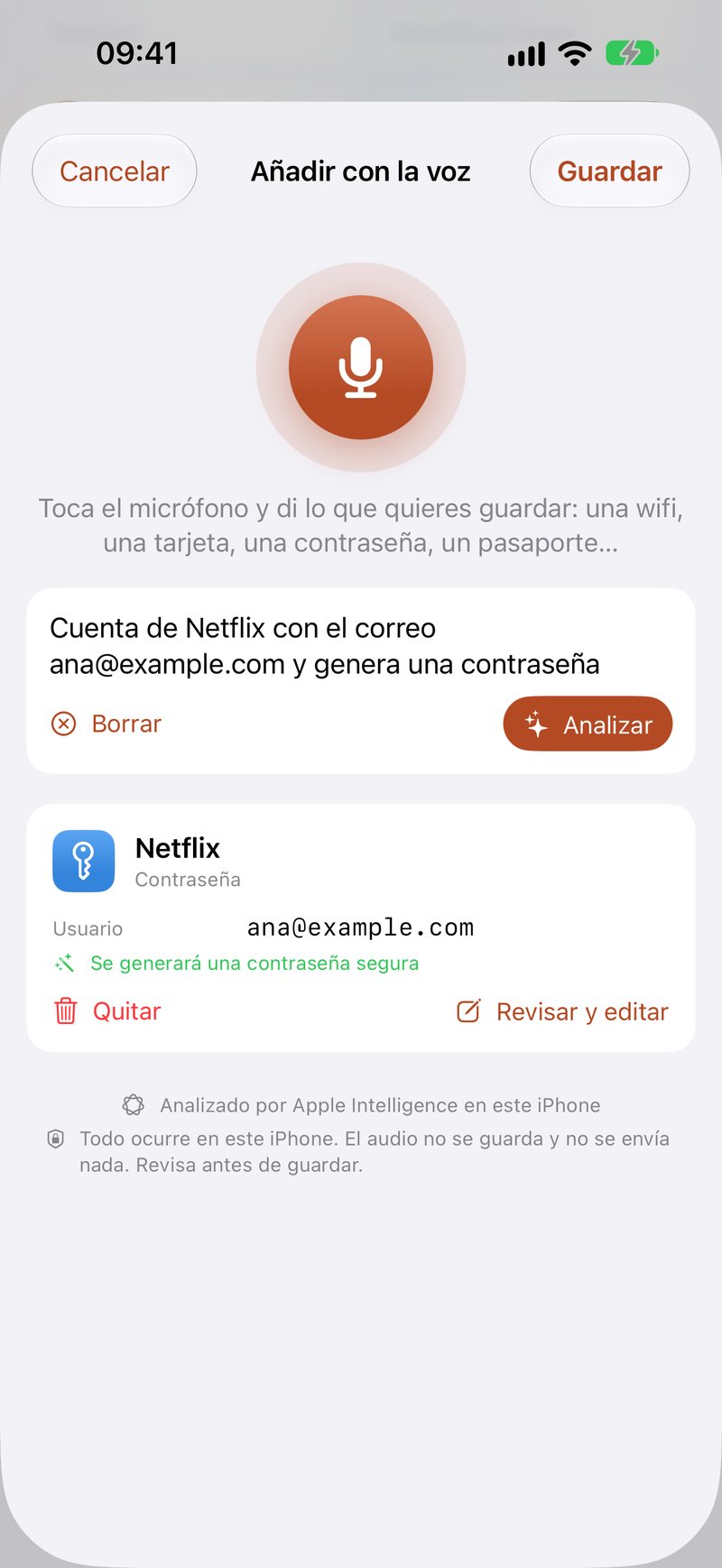 Añade un elemento con la voz, analizado en el aparato