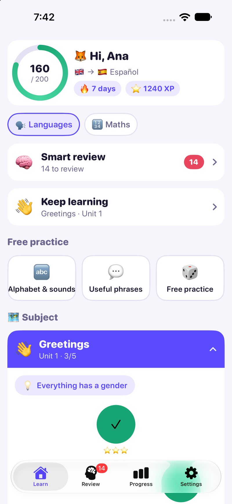 Home: streak, XP, smart review and where you left off