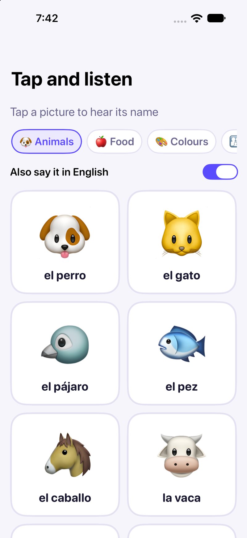 Baby mode: tap a drawing and hear its name, no way to fail