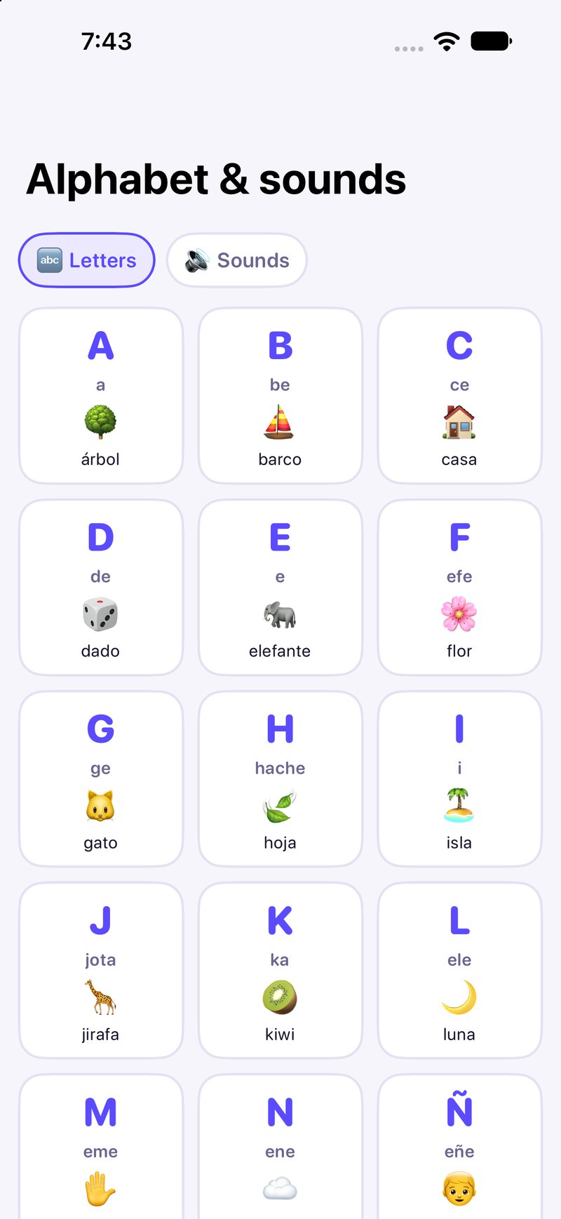 Alphabet and sounds, with a picture for every letter