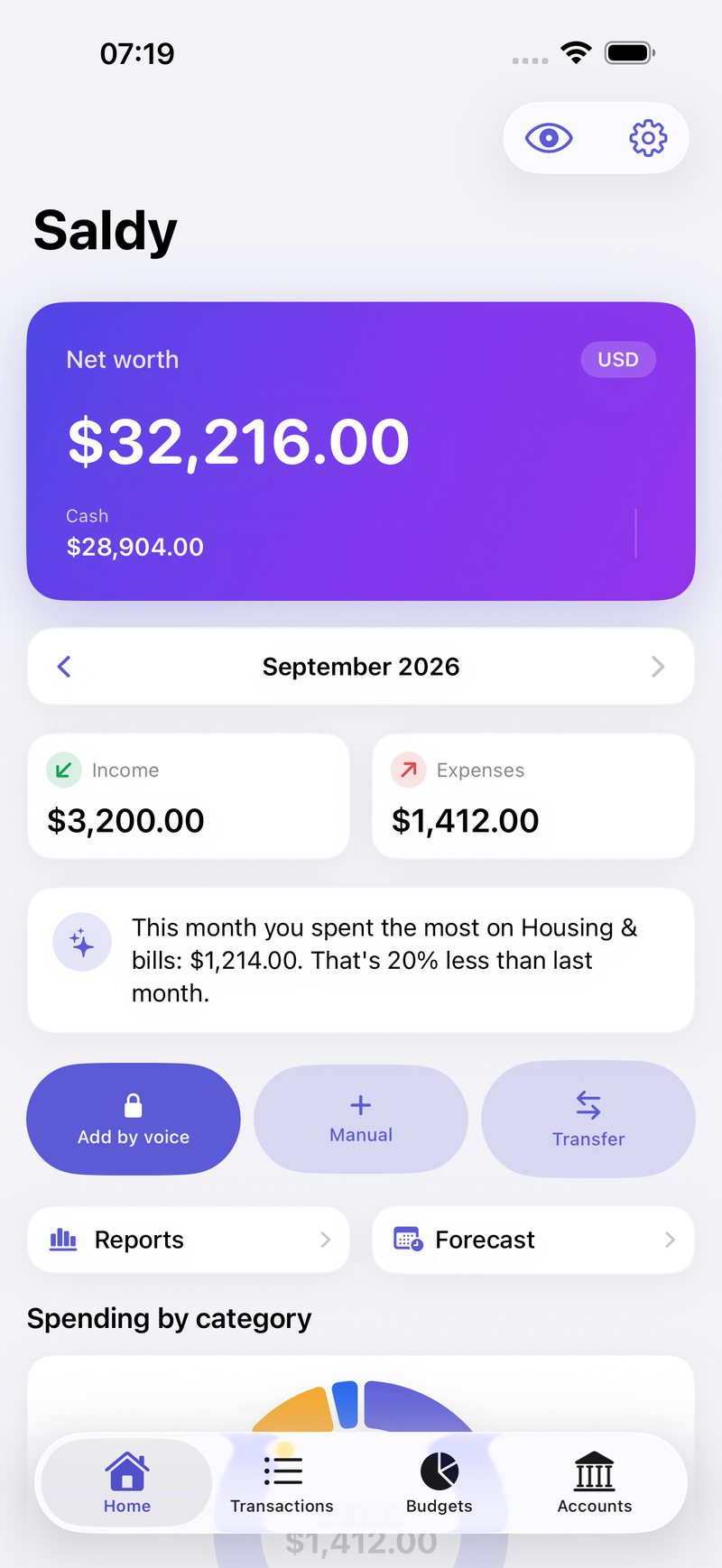 Home: net worth, this month, and add by voice