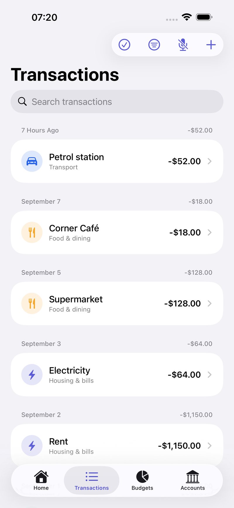 Transactions, categorised and searchable