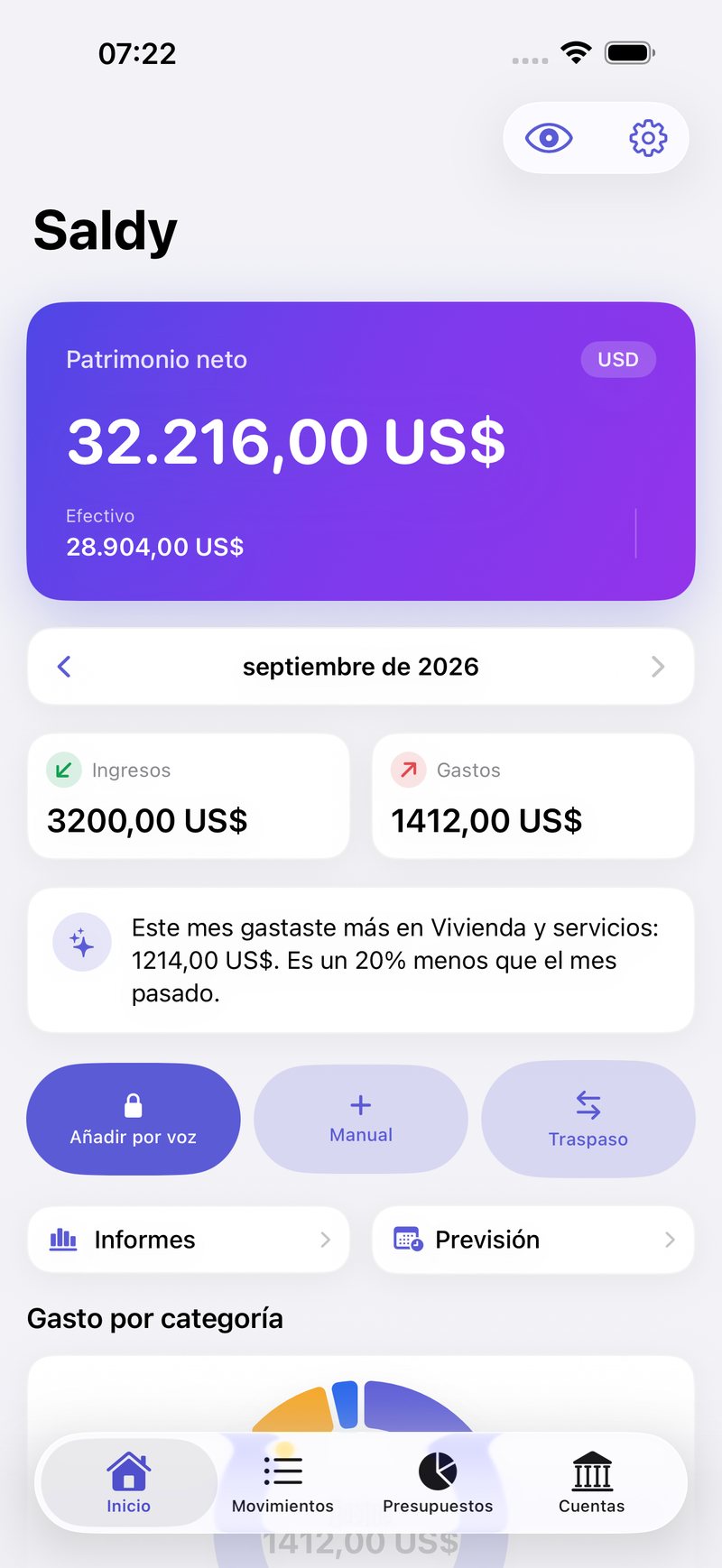 Inicio: patrimonio, este mes y añadir por voz